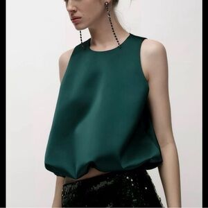 ZARA Satin Balloon Top | Size L | Dark Green Sleeveless | Statement Silhouette
